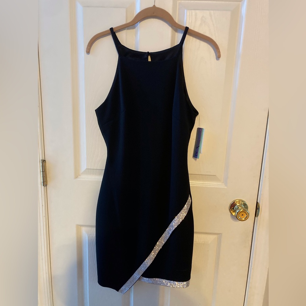 NWT Cocktail Party Little Black Mini Dress Silver Embellish Event Halter Sz Med